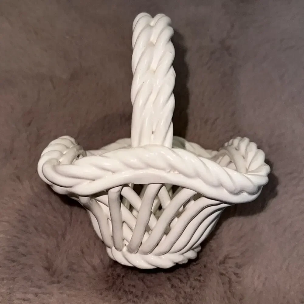 Vintage Handmade Italian White Lattice Woven Ceramic Basket